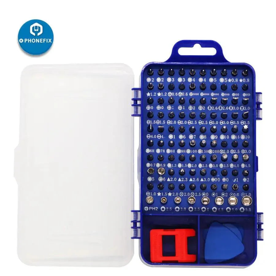 PHONEFIX multi-bit screwdriver set with magnetic screwdriver and 100 tools for phone repair and electronic device opening.
