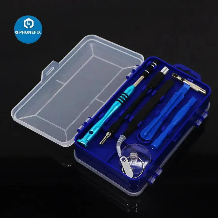 PhoneFIX multi-bit screwdriver set with blue handle, compact mini screwdriver tools for phone opening and repair.