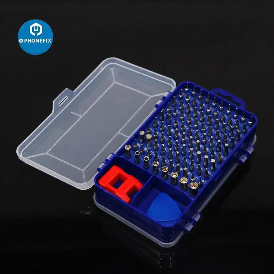 Blue PHONEFIX multi-bit screwdriver set with mini screwdriver and phone opening tools for precise electronic repairs.
