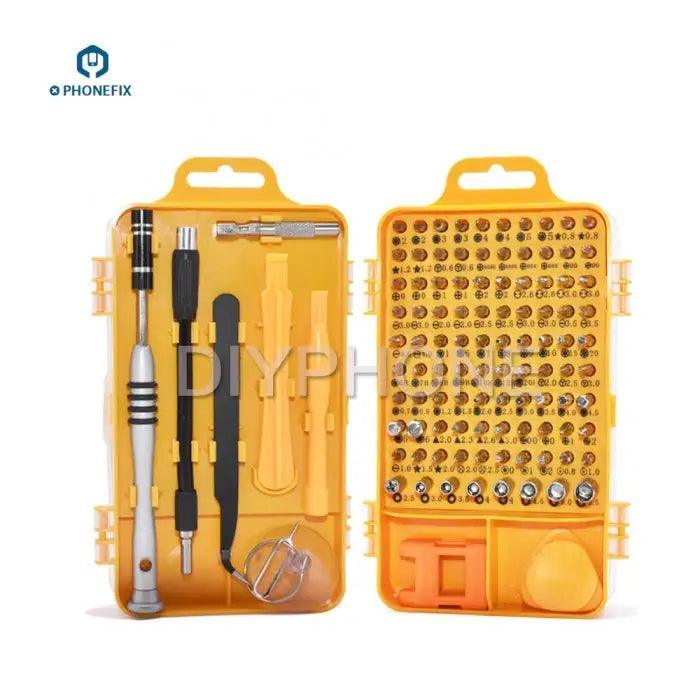 Blue PHONEFIX multi-bit screwdriver set with mini screwdriver and phone opening tools for electronics repair.