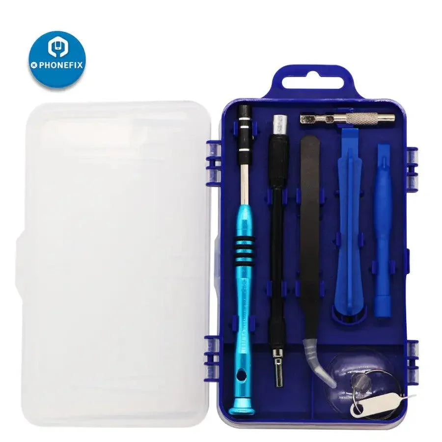 PHONEFIX blue multi-bit screwdriver set with mini screwdriver and phone opening tools for precise electronic repairs.