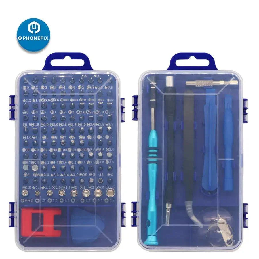 PHONEFIX multi-bit screwdriver set with 100 magnetic screwdriver bits for phone and electronics repair, compact hand tool kit.