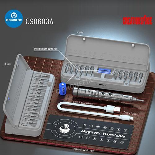 PHONEFIX 34-in-1 magnetic screwdriver set with various repair tools for cell phones, tablets, and PC repair.