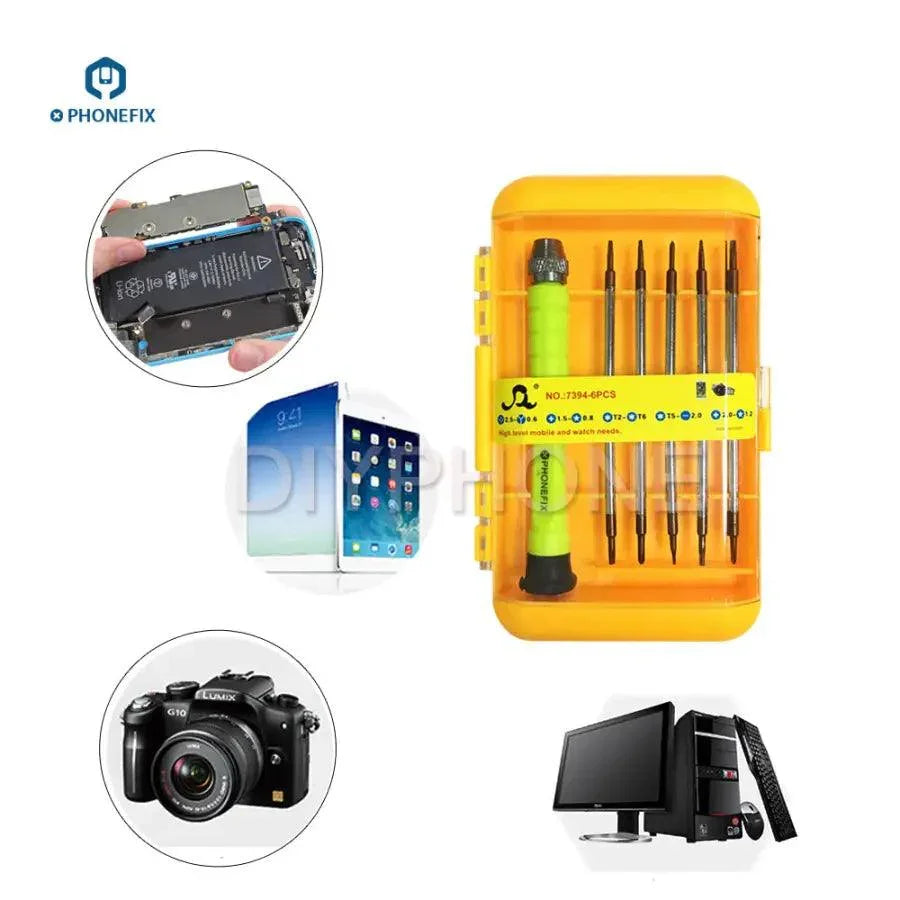 PHONEFIX 11-in-1 magnetic screwdriver set with hand tools for iPhone opening and repair, includes various precision screwdriver bits.