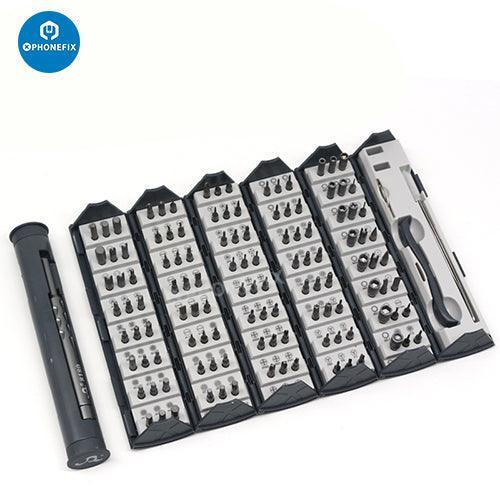 PhoneFix 128-in-1 magnetic screwdriver set with repair toolkit and storage box, featuring multiple screwdriver tools for electronics repair.