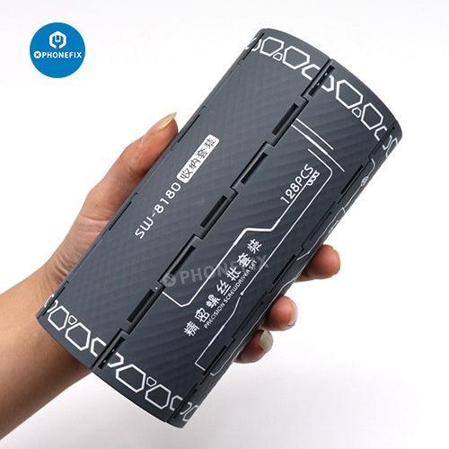 PHONEFIX 128-in-1 magnetic screwdriver set with repair toolkit and storage box, featuring various screwdriver tools for electronics repair.