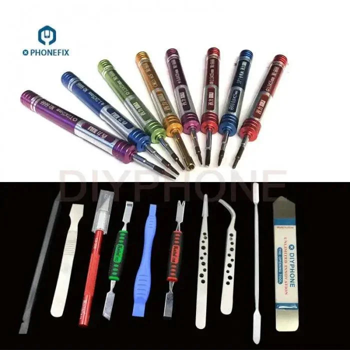 PHONEFIX 18-piece phone opening tools and screwdriver set for iPhone 15, 16, 17 repair, includes precision screwdrivers and pry tools.