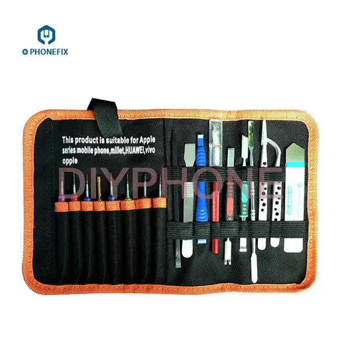 PHONEFIX 18-piece iPhone opening tools screwdriver set for iPhone 15, 16, 17 repair, includes precision screwdrivers and pry tools.