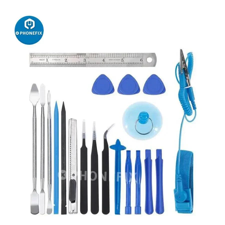 Professional 21-in-1 PHONEFIX iPhone repair screwdriver kit with screen opening pry tools and spudgers for phone screen repairs.