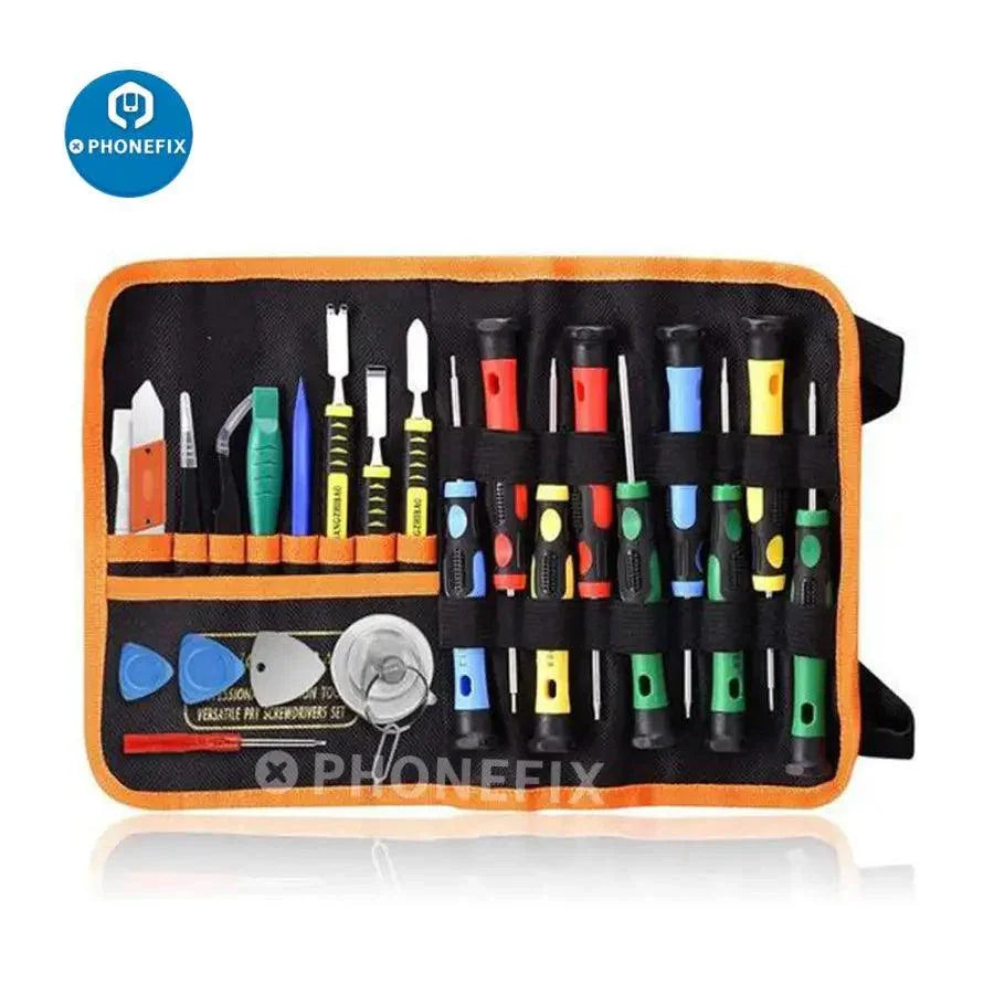 PhoneFix 25-piece multifunctional repair tool kit with precision screwdrivers, ideal for electronic device repairs and maintenance.