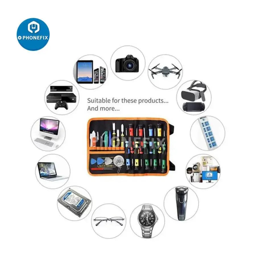 PhoneFix 25-piece multifunctional repair tool kit with precision screwdrivers, ideal for electronic device repairs.