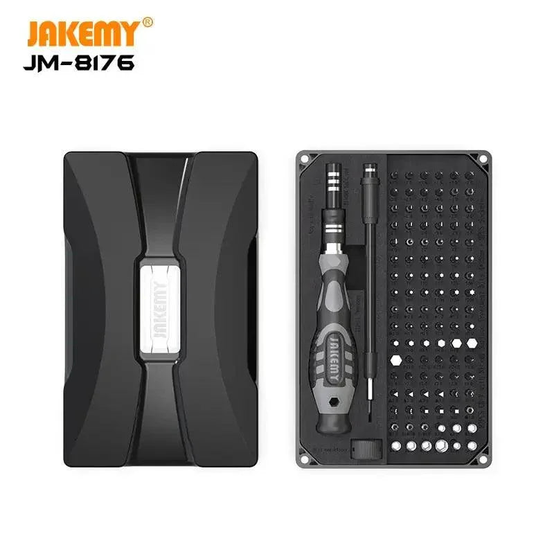 JAKEMY 106-in-1 precision screwdriver set with magnetic screwdrivers and multiple tips, ideal for phone and electronics repair.