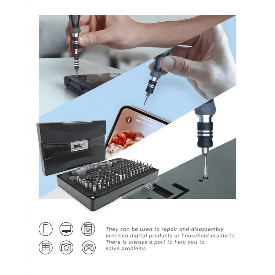 JAKEMY 106-in-1 precision screwdriver set with magnetic screwdrivers and bits, ideal for electronics repair and detailed work.