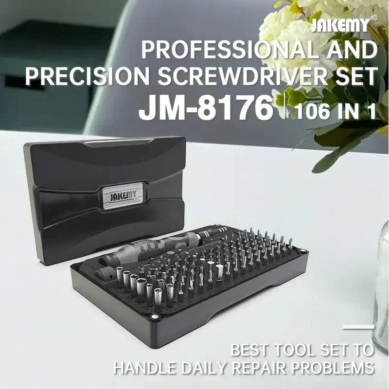 JAKEMY 106-in-1 precision screwdriver set with magnetic screwdriver tools, featuring various bits and ergonomic handles for electronics repair.