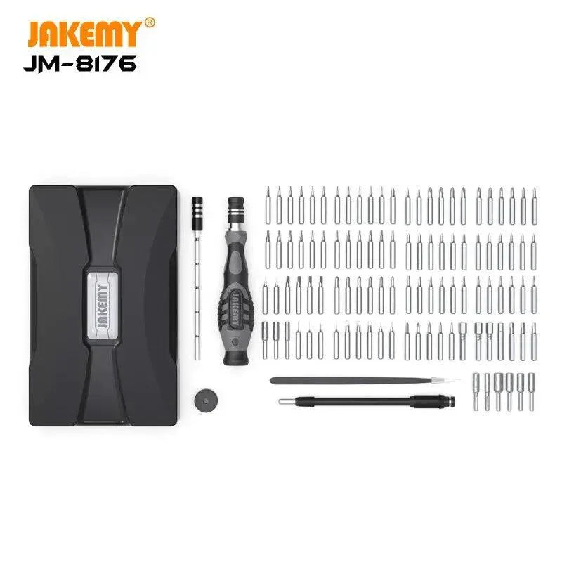 JAKEMY 106-in-1 precision screwdriver set with magnetic screwdrivers, PHONEFIX brand, includes various screwdriver heads for electronics repair.