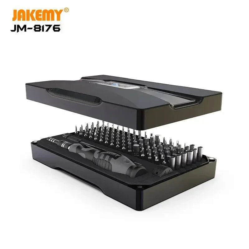 JAKEMY 106-in-1 precision screwdriver set with magnetic screwdrivers, phonefix brand, featuring various screwdriver bits and tools.