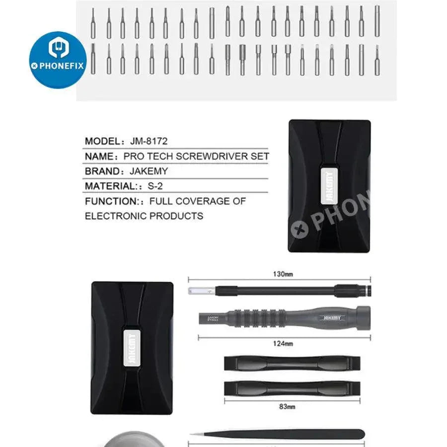 JAKEMY JM-8172 Precision Magnetic Screwdriver Repair Tools Kit with multiple screwdrivers and bits for electronic device repair.