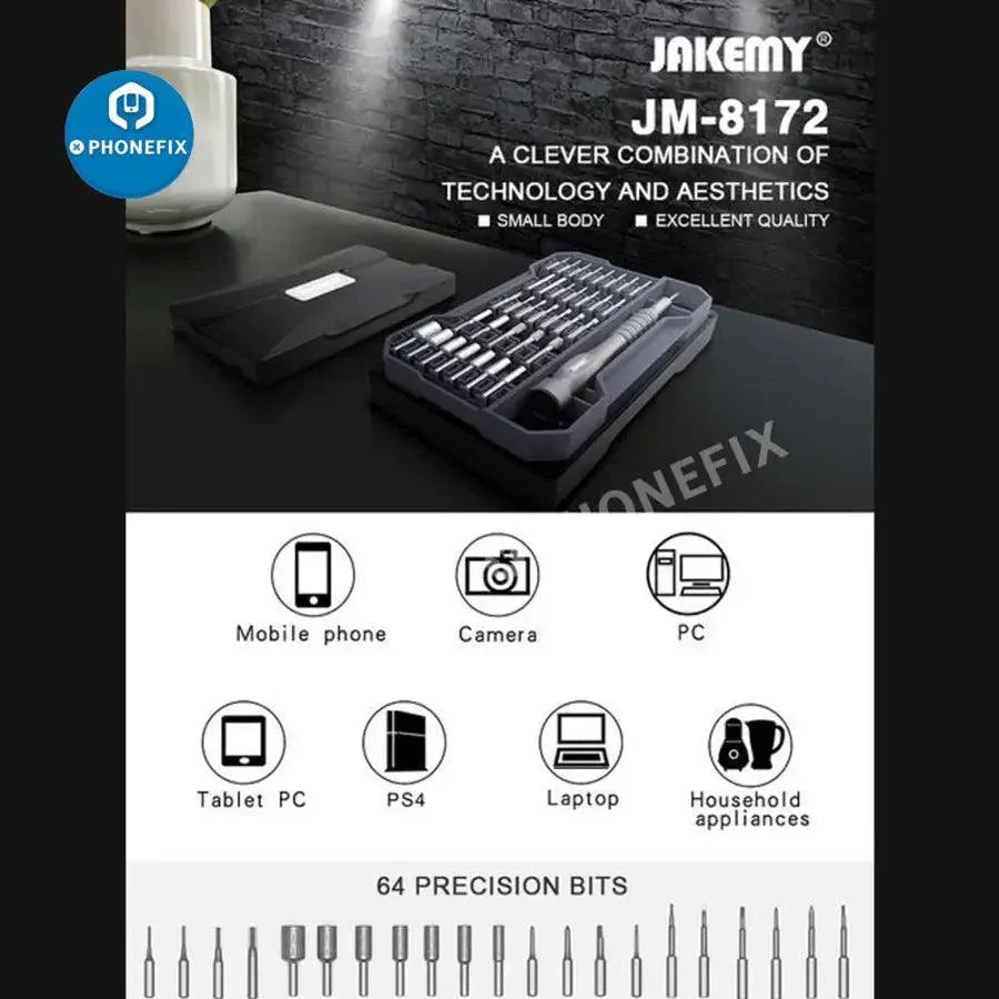 JAKEMY JM-8172 precision magnetic screwdriver repair tools kit with various screwdrivers and bits for mobile device repair.