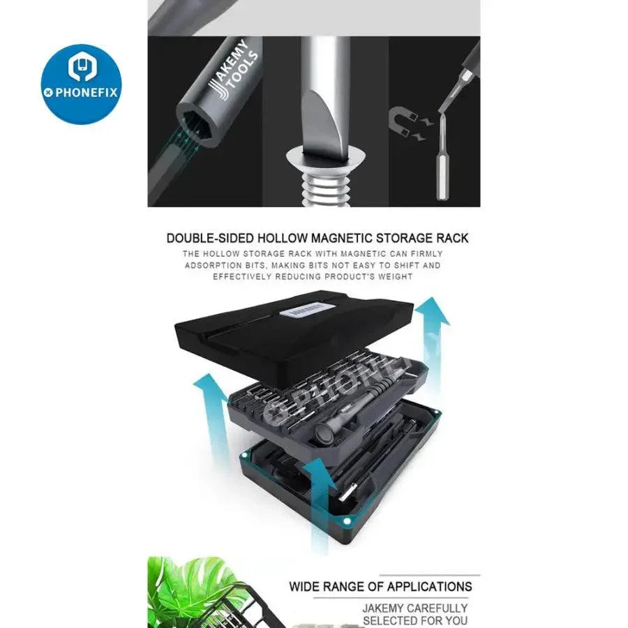 JAKEMY JM-8172 Precision Magnetic Screwdriver Repair Tools Kit by PHONEFIX, with various screwdrivers and bits for electronics repair.