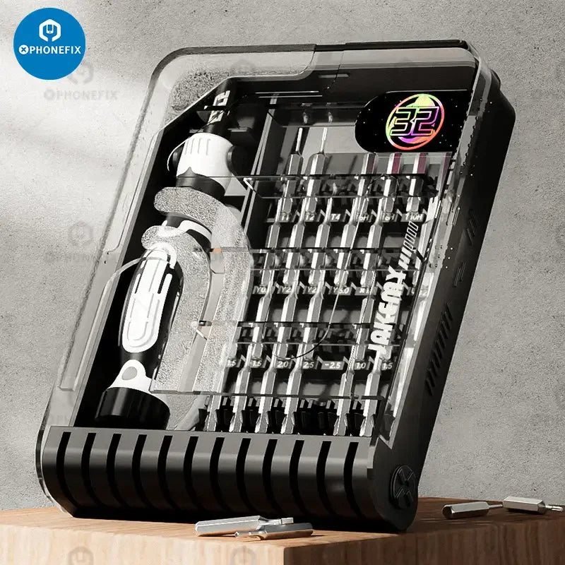 JAKEMY JM-8189 Jeu de tournevis 32 en 1 avec embouts magnétiques, comprenant divers outils de tournevis pour les réparations électroniques.