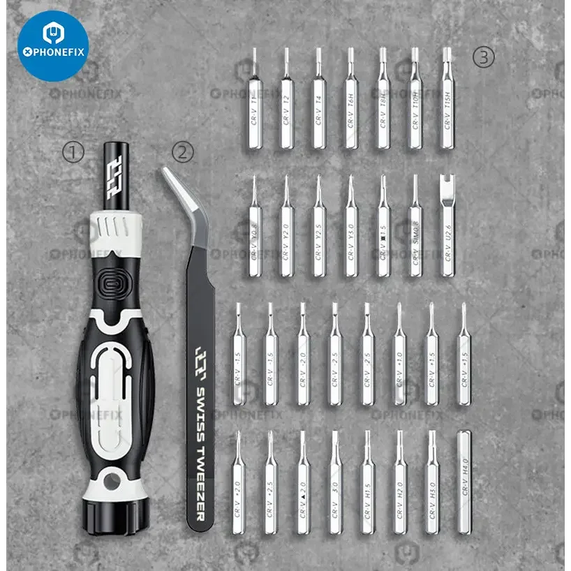 JAKEMY JM-8189 Jeu de tournevis 32 en 1 avec embouts magnétiques, comprenant divers outils de tournevis pour la réparation électronique.