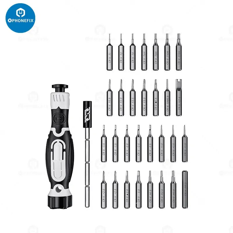 JAKEMY JM-8189 Jeu de tournevis 32 en 1 avec embouts magnétiques, manches en métal et assortiment de pointes de tournevis pour la réparation électronique.