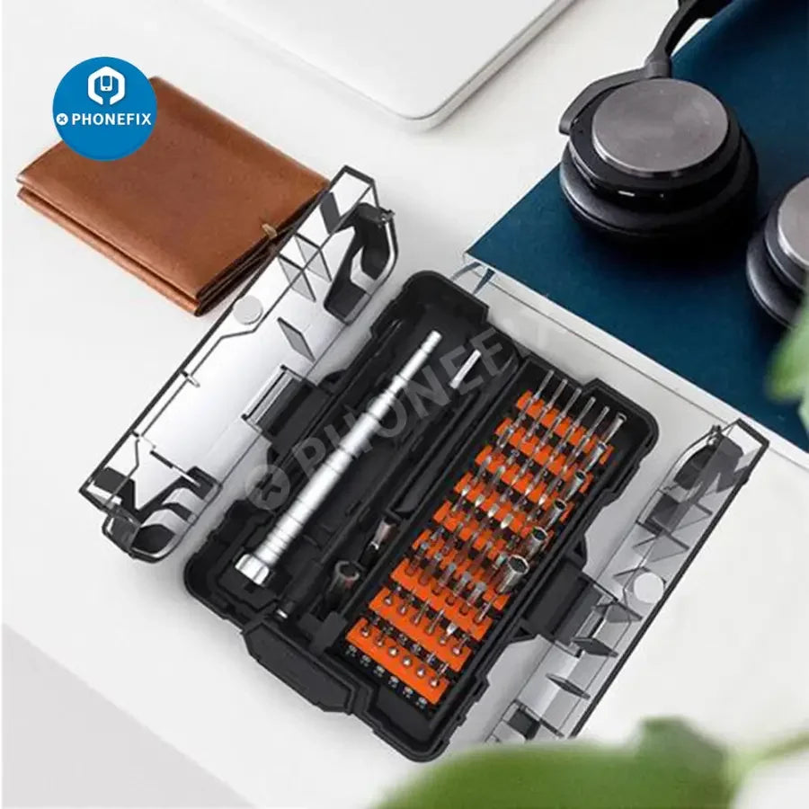 PhoneFix JM-8163 62-in-1 magnetic electronic repair screwdriver tool kit with precision screwdrivers in a compact DIY toolbox.