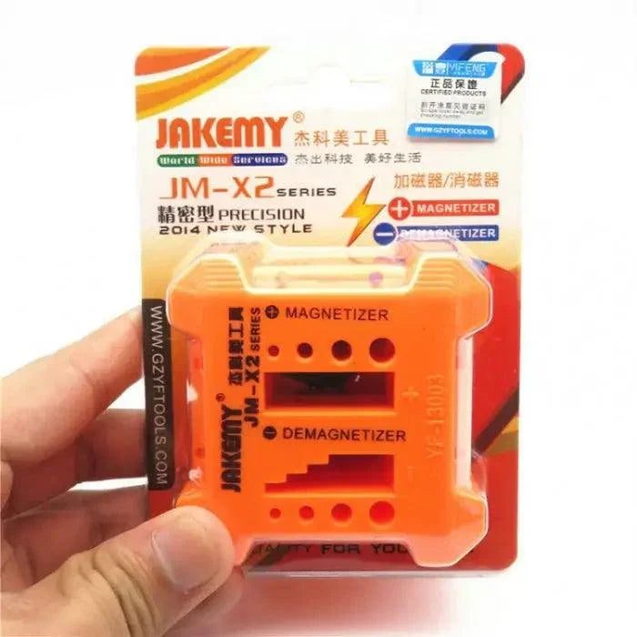 PhoneFix JM-X2 2-in-1 screwdriver tool with demagnetizer and magnetizer for filling screws, shown with screwdriver and tool components.