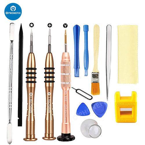PHONEFIX phone repair kit with precision screwdrivers and screen opening tools for smartphone repairs, shown with screwdriver set and tools.