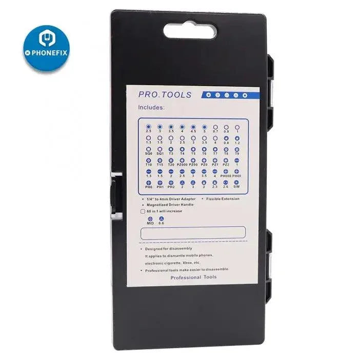 PhoneFix 80-in-1 precision screwdriver set with multiple screwdriver tools for electronics device repair, displayed with various screwdriver heads.
