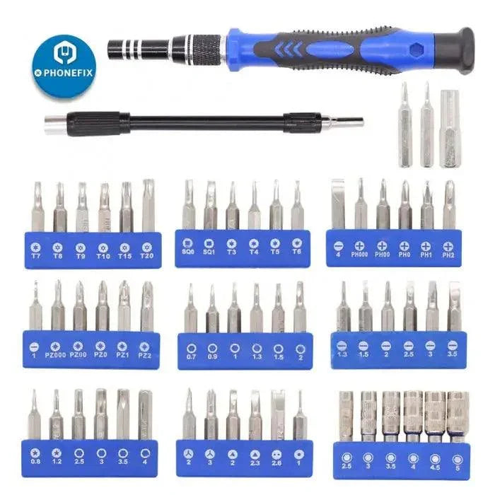 PhoneFix 80-in-1 precision screwdriver set with multiple bits, ideal for electronics device repair and DIY tech projects.
