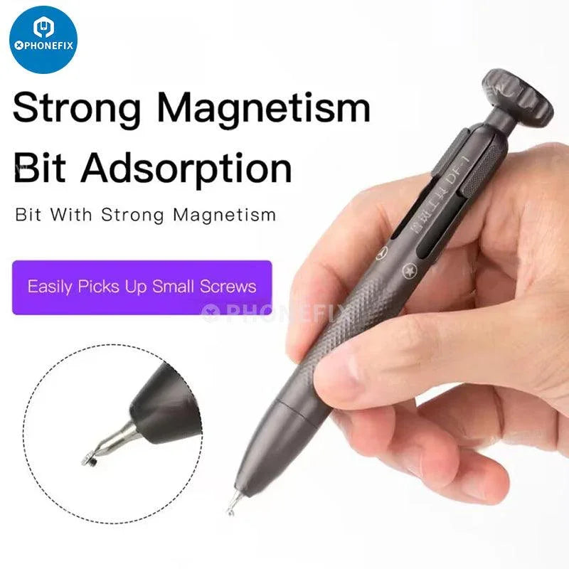 Phonefix Luban DF-1 magnetic screwdriver with switchable 4-in-1 bits, black screwdriver tool for versatile repairs.
