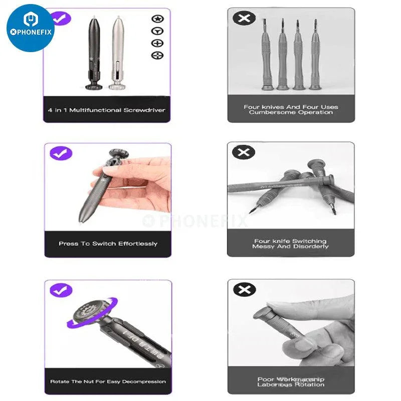 Luban DF-1 Magnetic Screwdriver by PHONEFIX, 4-in-1 switchable bits, black screwdriver tool with magnetic tips.