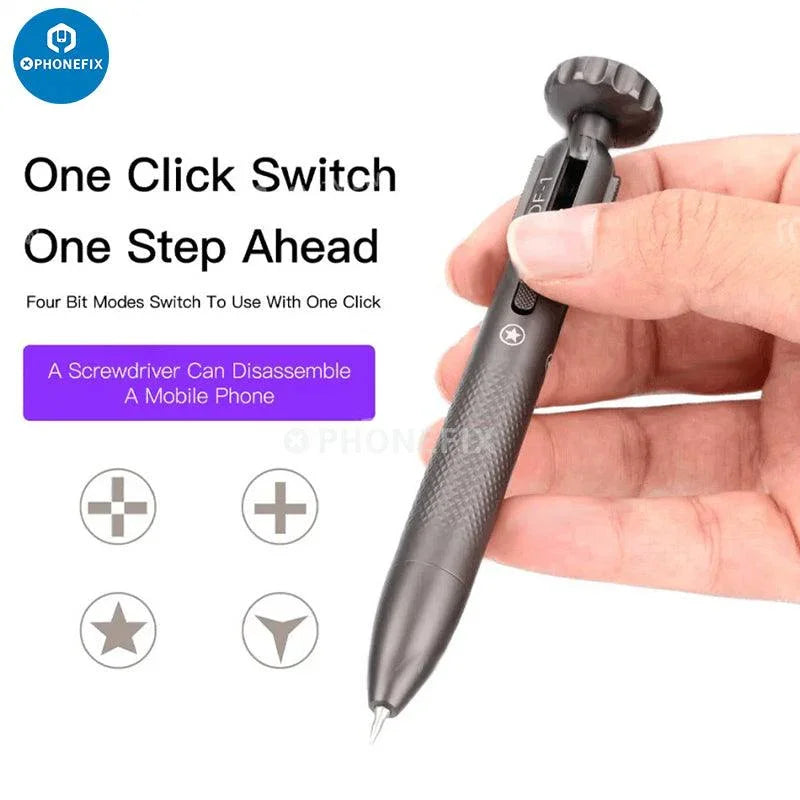 Luban DF-1 Magnetic Screwdriver by PHONEFIX with switchable 4-in-1 bits, featuring a compact ergonomic design for versatile screw driving.