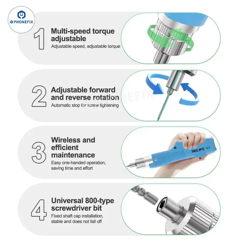 PhoneFix RELIFE E2 Torque Electric Screwdriver with T01 storage box, showing ergonomic handle and compact design for precision screwing.