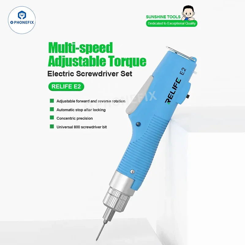 Relife E2 Torque Electric Screwdriver by PHONEFIX with T01 storage box, showing the compact cordless screwdriver and included storage case.