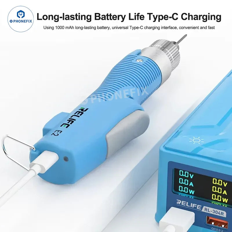 RELIFE E2 Torque Electric Screwdriver by PHONEFIX with T01 storage box, showing the compact screwdriver tool and included storage case