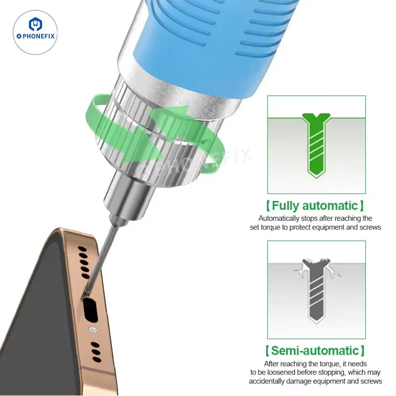 Relife E2 Torque Electric Screwdriver by PHONEFIX with T01 storage box, showcasing the compact electric screwdriver and included case.