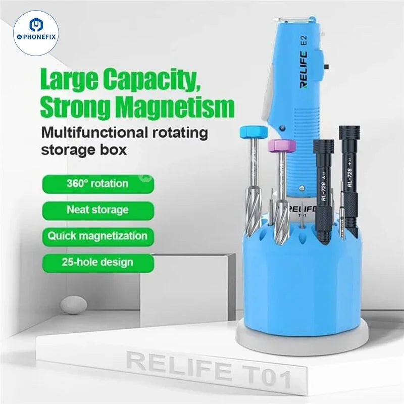 RELIFE E2 Torque Electric Screwdriver by PHONEFIX with T01 storage box, showing the screwdriver with adjustable torque and ergonomic handle.