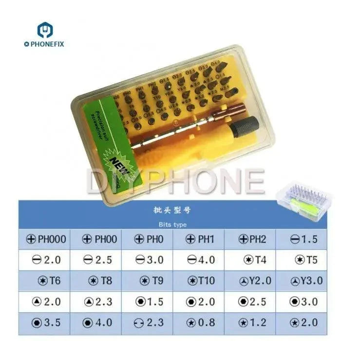 PHONEFIX Precision Mini Screwdriver Toolkit with 32 multi-purpose screwdriver bits for phone repair and electronic maintenance.