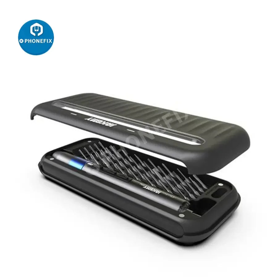 PHONEFIX JM-Y03 Plus 43-in-1 electric screwdriver with rechargeable bits, showing multiple precision screwdriver tips.