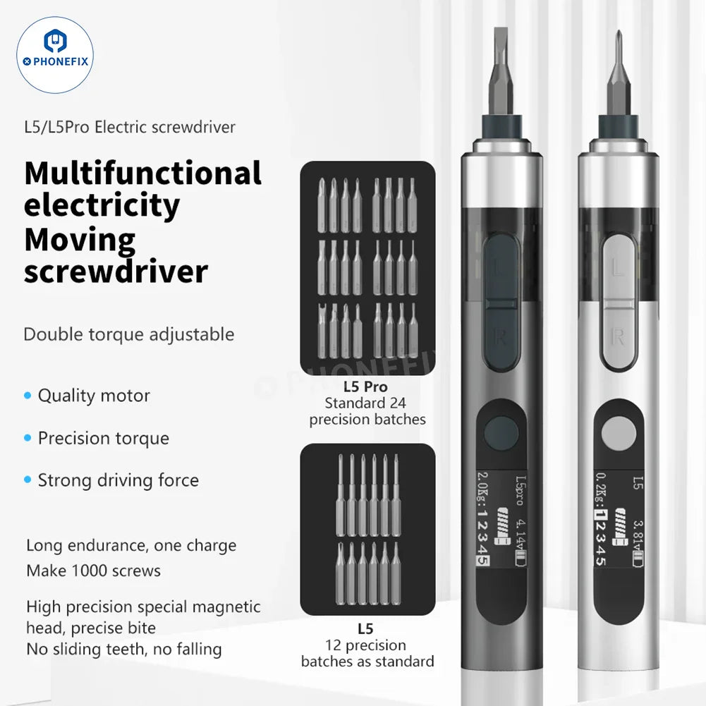 PHONEFIX L5Pro Electric Screwdriver Repair Tool Kit with precision screwdriver bits and disassembly tools for mobile device repairs
