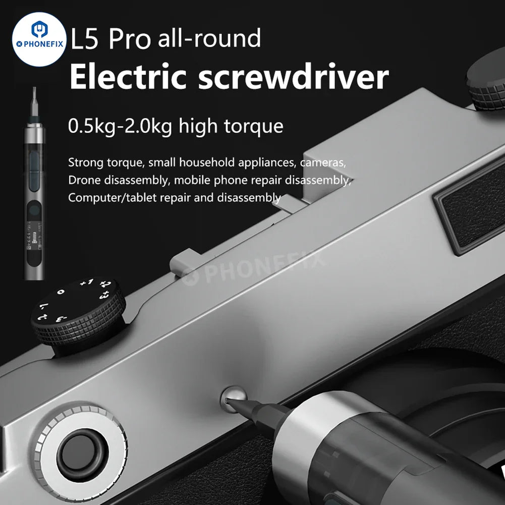 PhoneFix L5Pro Electric Screwdriver for mobile repair, featuring precision screwdriver tools for disassembly and repair tasks.