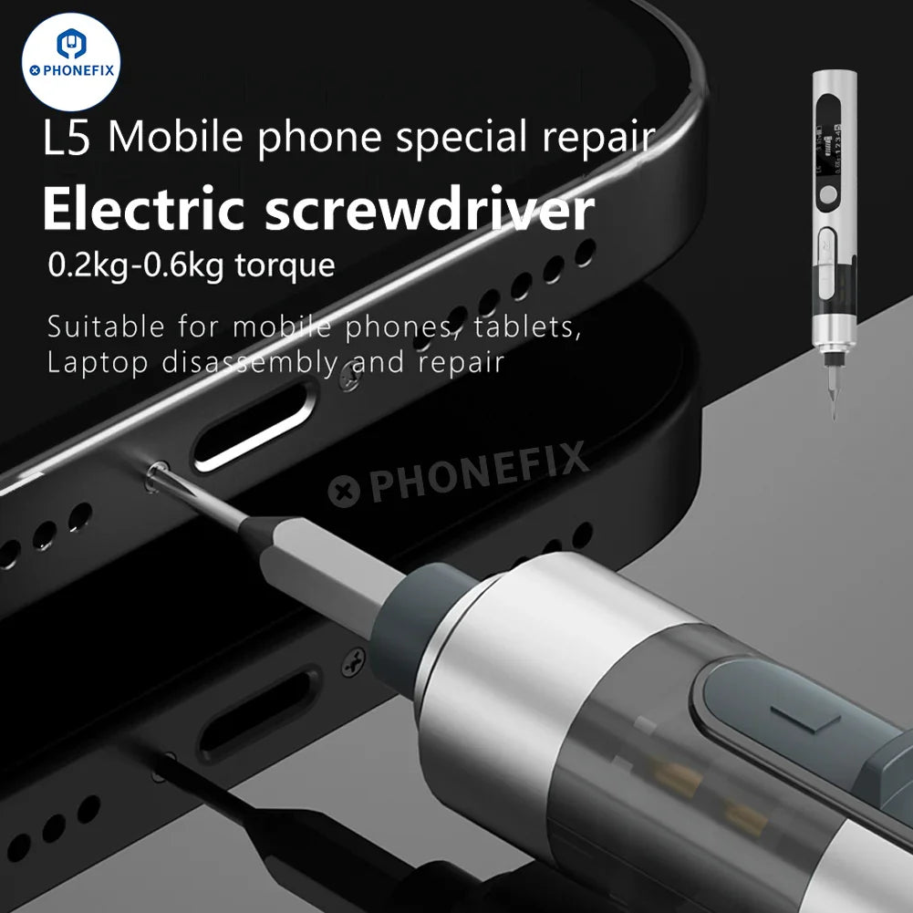 PhoneFix L5Pro Electric Screwdriver for mobile repair, showing the compact disassembly tool kit with various screwdriver bits.