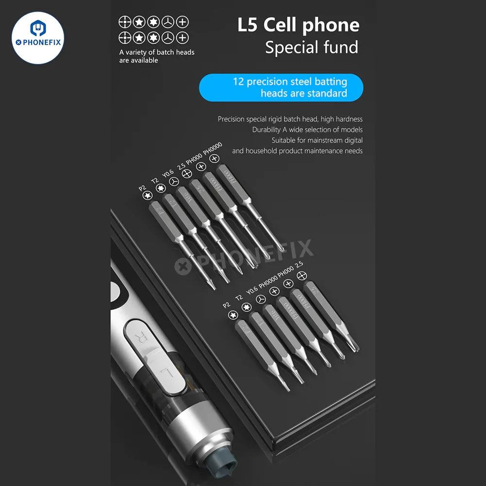 PhoneFix L5Pro electric screwdriver and mobile repair disassembly tool kit with precision screwdriver tools and bits.