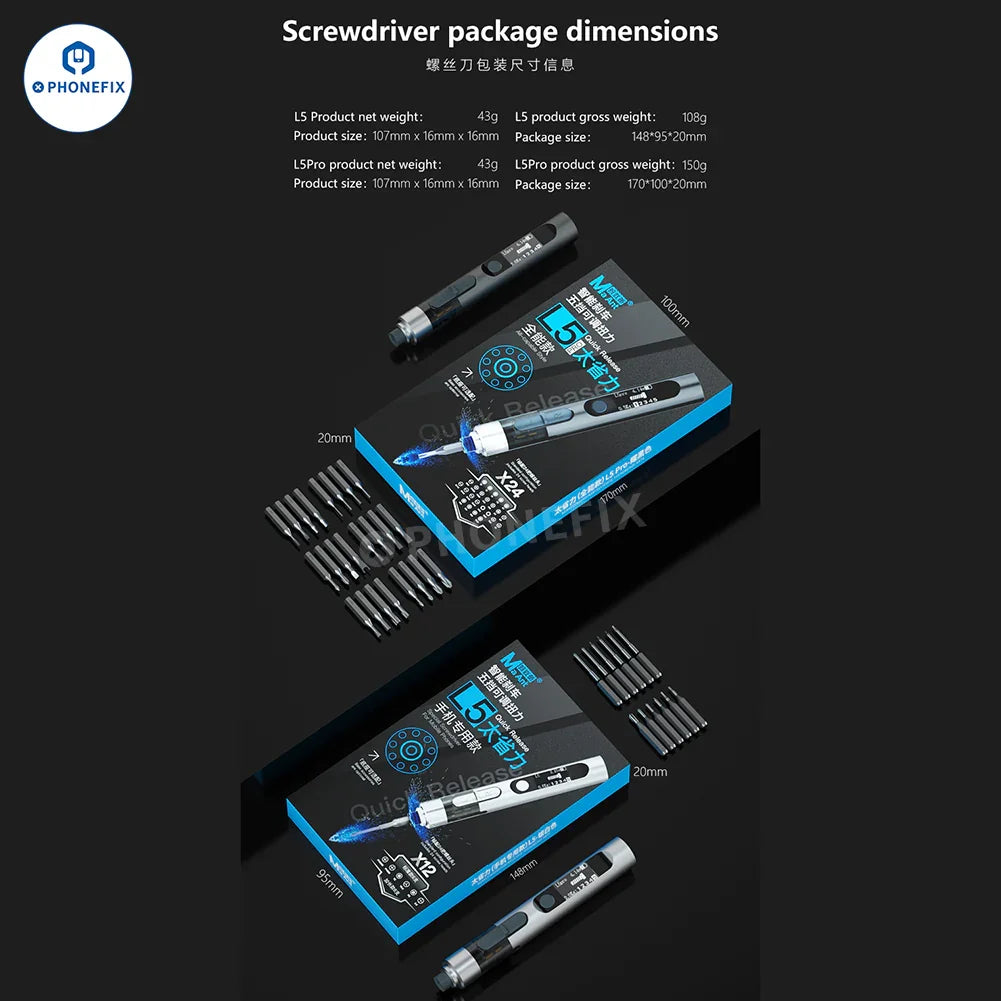 PHONEFIX L5Pro Electric Screwdriver for mobile repair, featuring precision bits and ergonomic design for disassembly tasks.