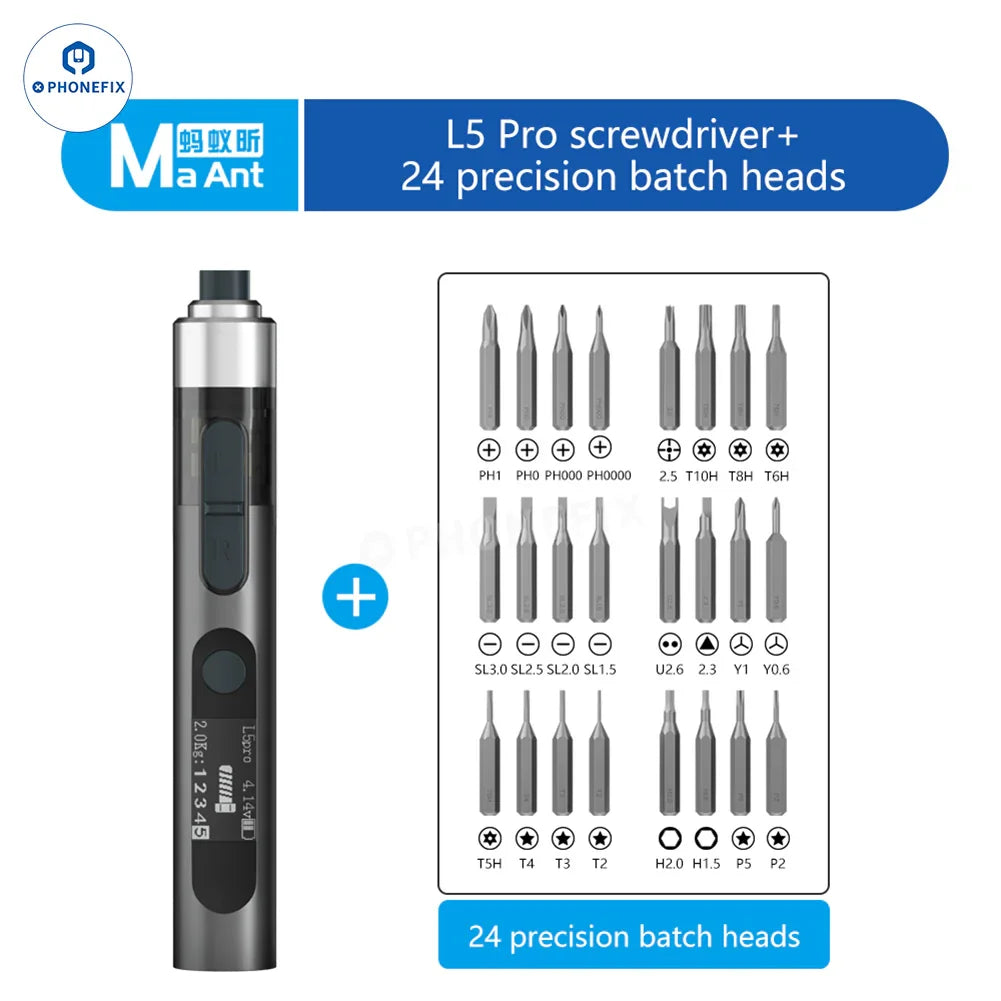 PHONEFIX L5Pro Electric Screwdriver for mobile repair, showing sleek disassembly tool with precision screwdriver bits.