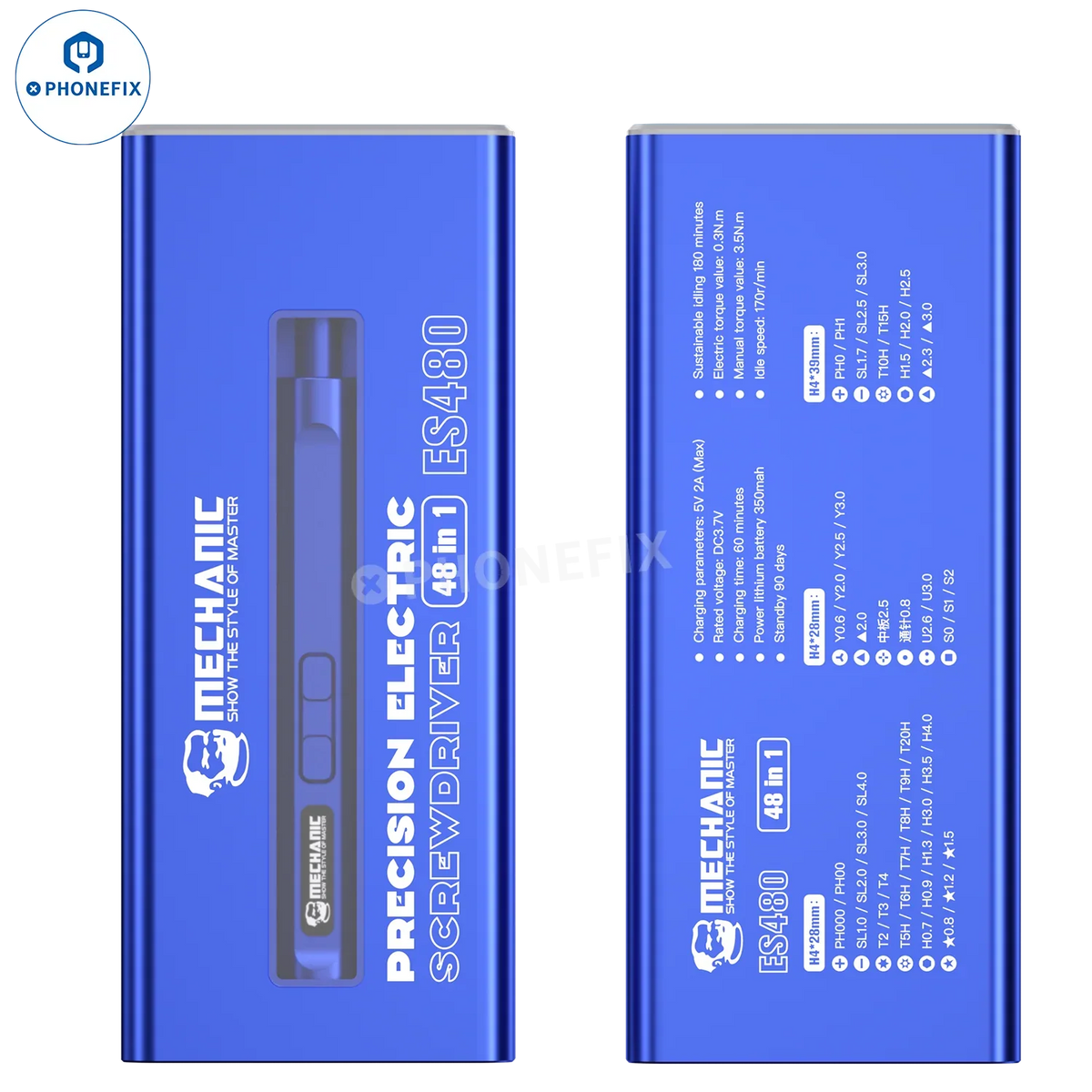 PhoneFix MECHANIC ES480 48-in-1 electric screwdriver set with various screwdriver bits for phone and electronics disassembly.