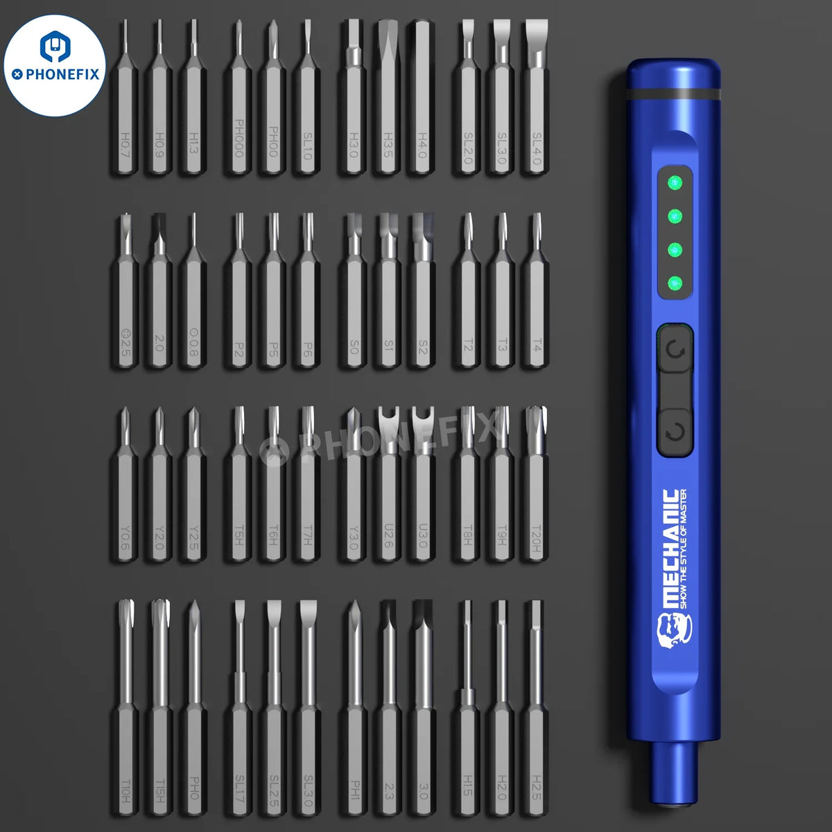PHONEFIX MECHANIC ES480 48-in-1 electric screwdriver set with various screwdriver bits for phone disassembly and repair.