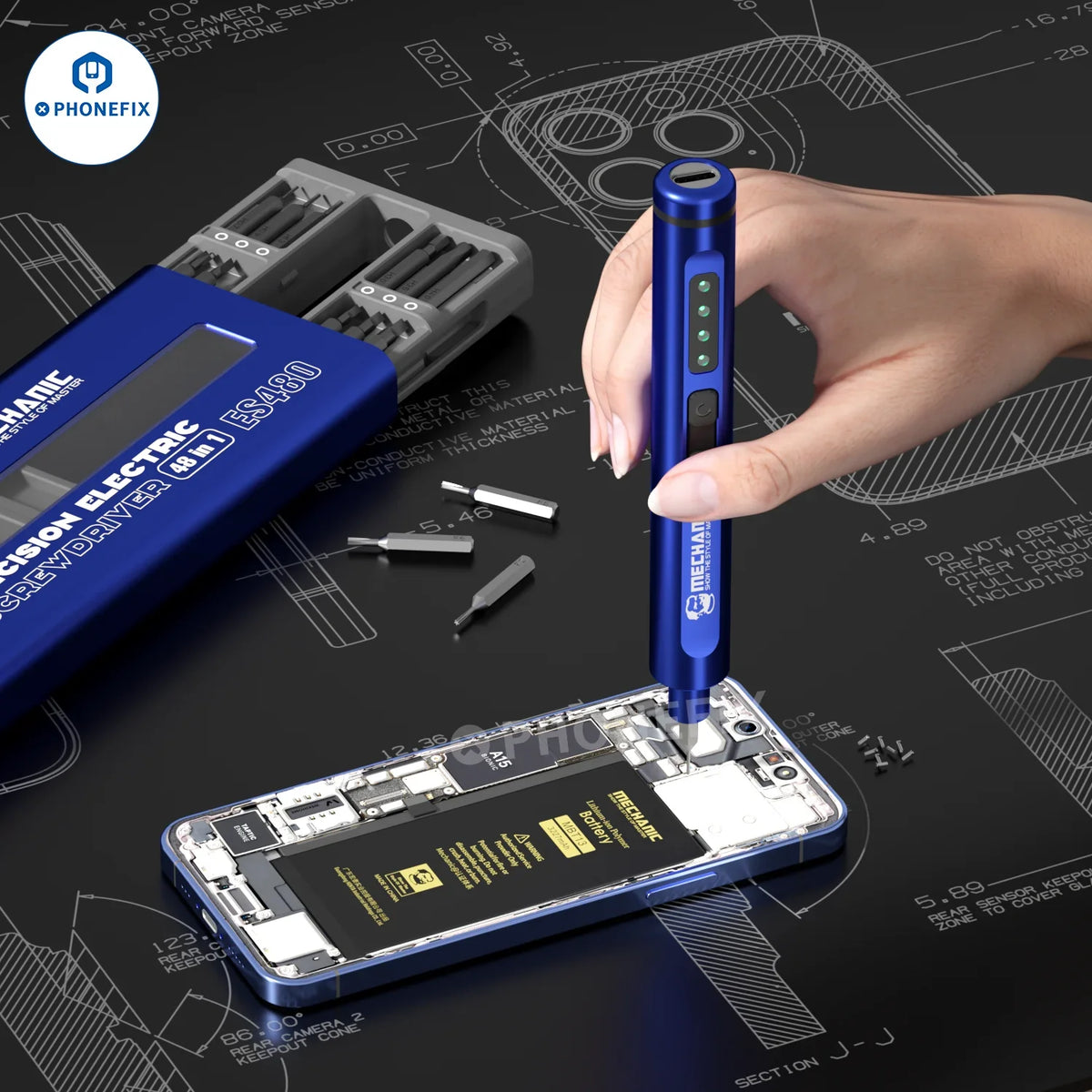 PhoneFix MECHANIC ES480 48-in-1 electric screwdriver set with various screwdriver bits for phone disassembly and repair.